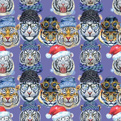 Fototapeta premium Seamless pattern with the image of a tiger's face. Decor for decoration of textiles or wallpaper.