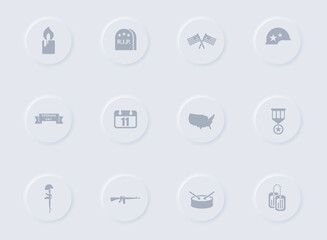 veterans day gray vector icons on round rubber buttons. veterans day icon set for web, mobile apps, ui design and promo business polygraphy