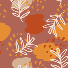 Obraz premium Modern boho seamless pattern with abstract shapes and leaves. Contemporary fashion background in earth color tones