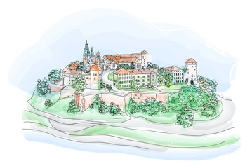 Fototapeta Poland. Skyline panorama of Cracow old city with Wawel Hill, Cathedral, Royal Wawel Castle, defensive walls, park, promenade obraz