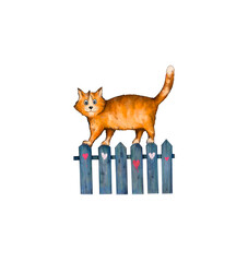 Ginger watercolor funny male cat on the fence isolated on a white background. A walking kitten. Kitty. Cats. valentine's day. Valentine. Digital illustration