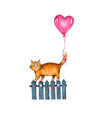 Watercolor funny red kitten on the fence with a heart ball isolated on a white background. A Valentine's Day card. Love. March cat. Hand drawn illustration