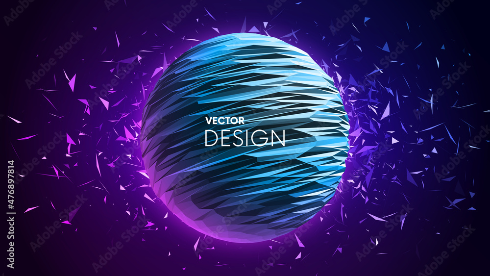 Poster triangular futuristic sphere in blue and pink neon colors with glowing exploded debris or broken gla