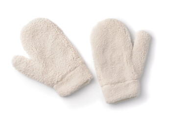 Top view of fluffy faux fur winter mittens