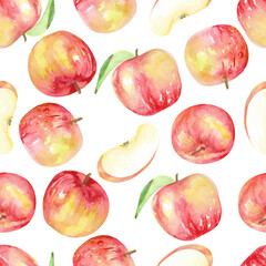 Red apples pattern and slice style watercolor