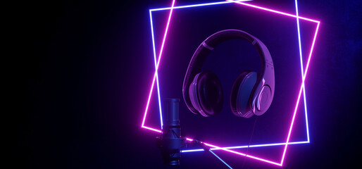 Neon Glowing Red Blue Circle Lights Microphone Closeup Headphones Music Studio Vibrant Electric Synth Wave Club Podcast Performance Show Event Empty Room Shiny Stage Podium Concert 3D Rendering 