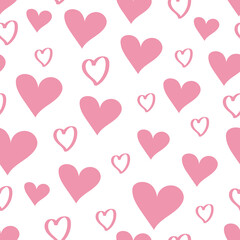 Vector seamless pattern for Valentine's Day. Romantic pattern on a white background with pink hearts. 
Hand-drawn elements in a flat style.