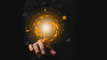The businessman touches the projection of the planet. Concept of globality of customer network structure, data exchange connections, digital marketing, communication network and internet business.