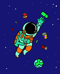 Space debris. Аstronaut vector drawing. Ecology poster.