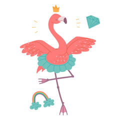 pretty pink flamingo princess dance ballet. African bird cartoon flat illustration.