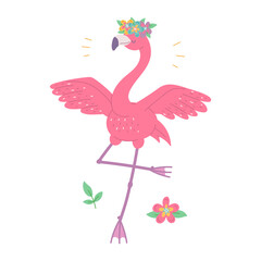 pretty pink flamingo dance with wreath flowers. African bird cartoon flat illustration.