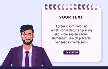 Man Indian businessman in a suit with a tie smiling on the background of a sheet of notepad. Banner with place to insert text. Colored vector illustration.