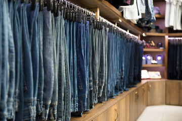 Obraz na płótnie Canvas Jeans of different colors in a clothing store
