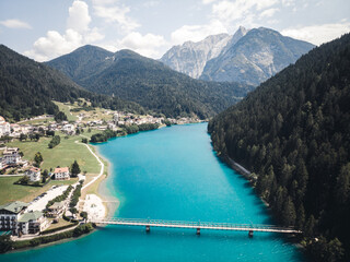 Obraz na płótnie Canvas Drone view of lago di santa caterina (Auronzosee) in Auronzo di Cadore, South Tyrol, Italy