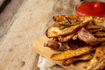 Crispy potato peel chips close-up. Sustainable food. Free space.