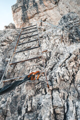 Close up of a via ferrata climbing gear and a letter in the Dolomites, Italy