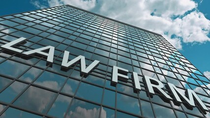 LAW FIRM signboard on a modern skyscraper reflecting flying airplane. 3D animation