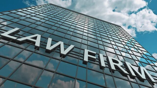 LAW FIRM signboard on a modern skyscraper reflecting flying airplane. 3D animation