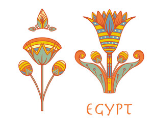 Fototapeta premium Egyptian floral colorful design element set isolated on white. Lotus flower, vector sign, symbol, logo illustration. Spirituality, occultism, chemistry, flower tattoo.