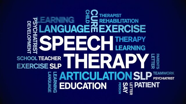 Speech Therapy animated tag word cloud;text design animation kinetic typography seamless loop.