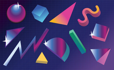 abstract background with 1980's memphis milano elements, geometric shapes with colorful gradients