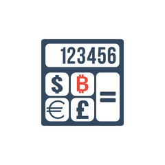 calculator with dollar euro pound bitcoin symbols, money exchange rate or trading icon