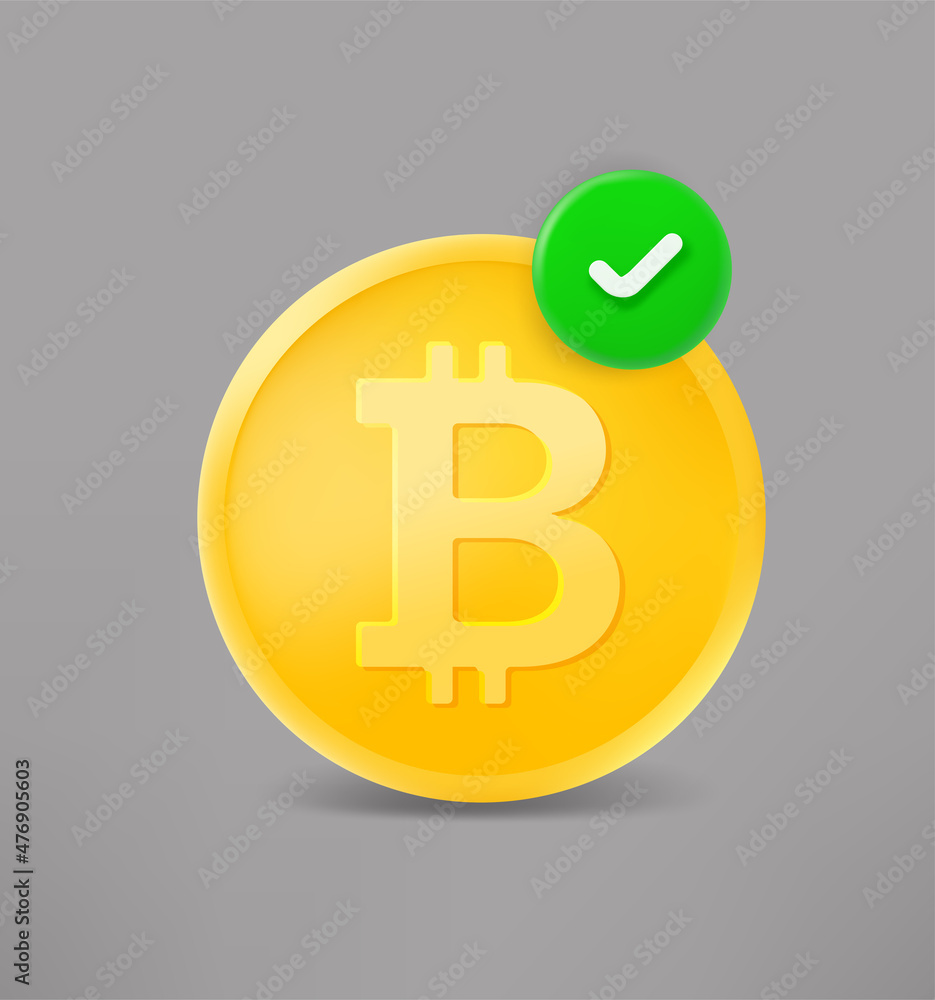 Poster golden bitcoin with green checkmark. 3d vector icon