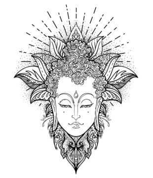 Buddha face over ornate mandala round pattern. Esoteric vintage vector illustration. Indian, Buddhism, spiritual art. Hippie tattoo, spirituality, Thai god, yoga zen Coloring book pages for adults.