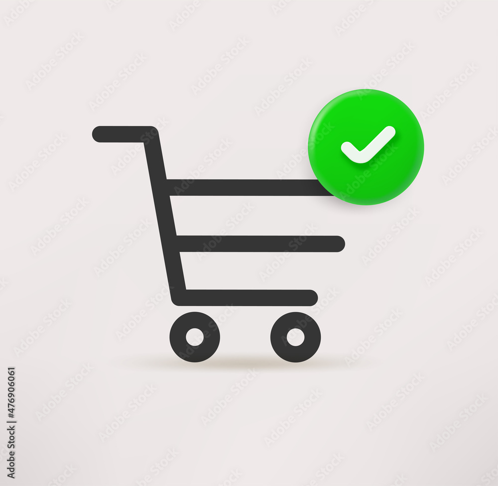 Poster shopping cart with checkmark. 3d vector icon