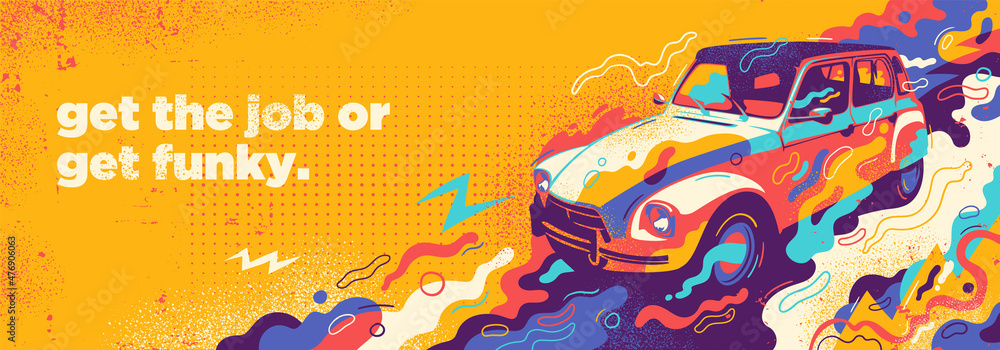 Poster colorful abstract background design with retro car and various splashing shapes. vector illustration