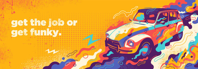 Colorful abstract background design with retro car and various splashing shapes. Vector illustration.	