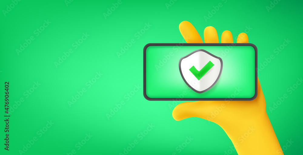 Poster man hand holding modern smartphone with shield icon. vector banner with copy space