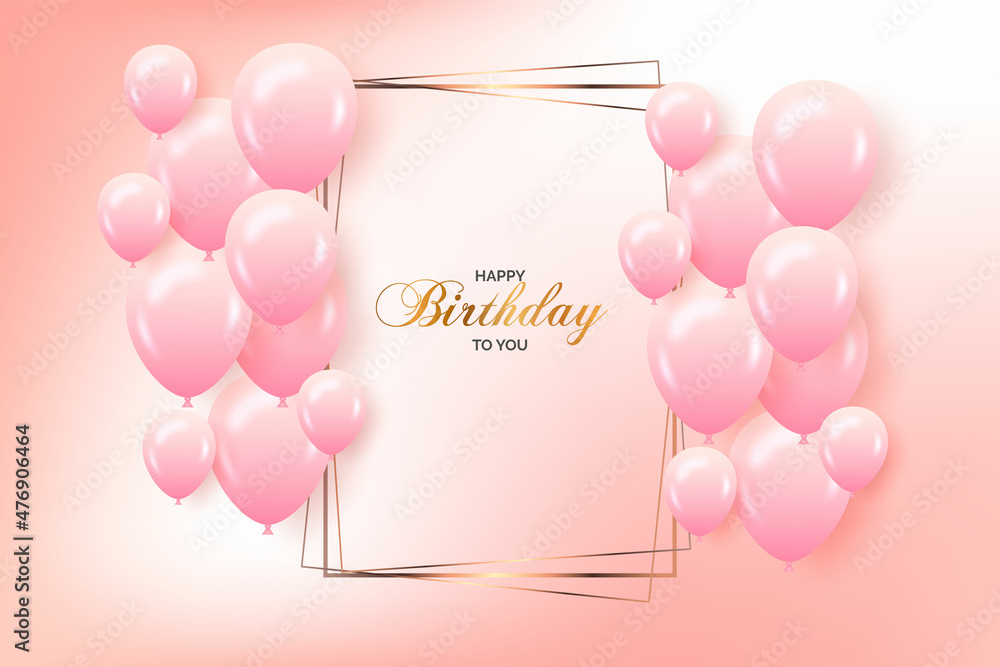 Wall mural Happy Birthday Golden frame with pink balloon decoration
