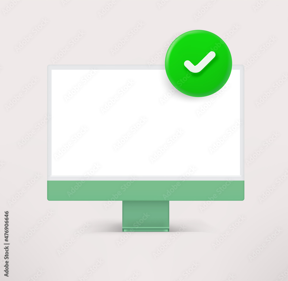 Poster modern monitor icon with checkmark. 3d vector icon