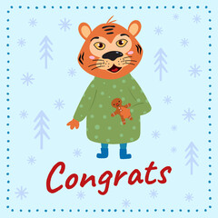 Lettering text congrats Happy New Year of the Tiger. Illustration in cartoon style, hand drawn greeting phrase on the background with snowflakes and fir trees