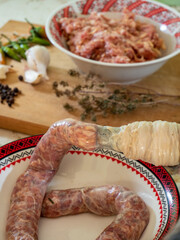 homemade traditional making of christmas sausages  and ingredients aside