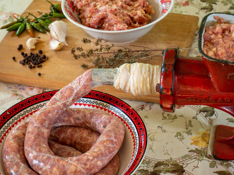 homemade traditional making of christmas sausages  and ingredients aside