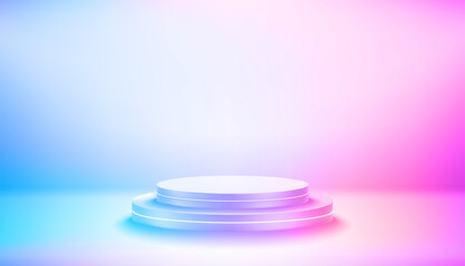 Empty studio with vivid hologram glow effect and round podium. Vector 3d illustration with copy space