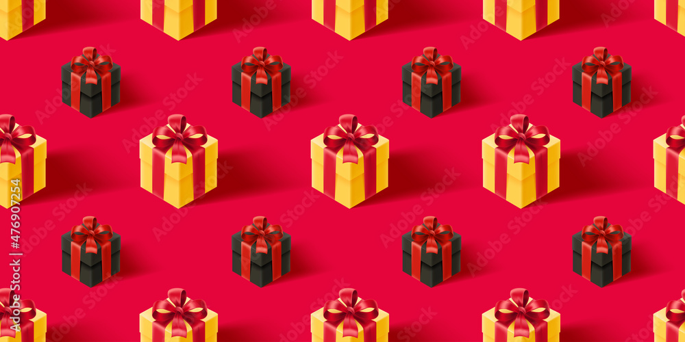 Poster Red seamless background with black gift boxes. 3d vector seamless pattern