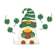 cute gnome in a green hat with white stripes with a pot of gold and a four-leaf clover st patrick's day