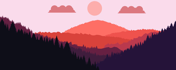 Obraz premium Mountain silhouettes with sun. Peaks in sunset. Forest and mountain landscape . Summit and sunset logo .Vector