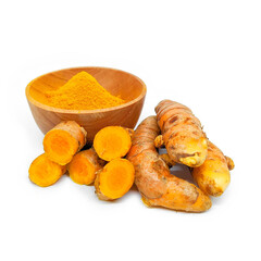 Fresh turmeric or curcuma in a wooden bowl isolated on a white background