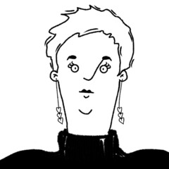 hand drawn caricature portrait of funny cute woman with short hair isolated on white