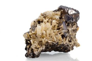 macro stone mineral quartz with galena on a white background