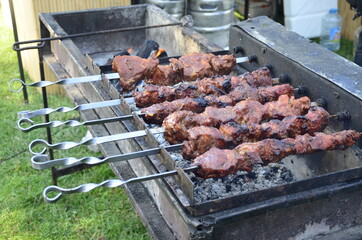 Delicious vegetable and meat skewer on grill