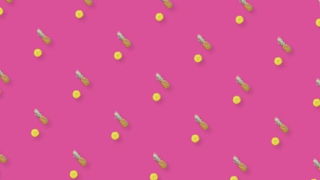Colorful fruit pattern of fresh rotating pineapples. Seamless pattern with pineapple sliced. Realistic animation. 4K video motion