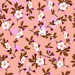 Fototapeta na wymiar The branches of cherry flower pattern on brown abstract background. Sakura flowers seamless texture