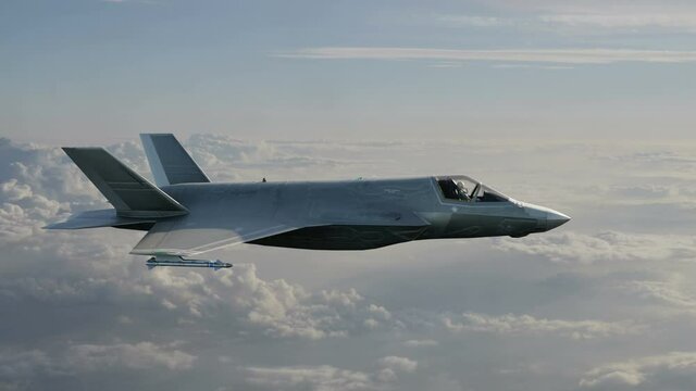 F-35 Fighter Jet flying above the clouds.  Highly-quality 3d animation over live action footage. 