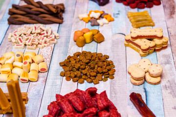 Pet food, snacks for dogs. Dog tasty colored biscuits on wooden background