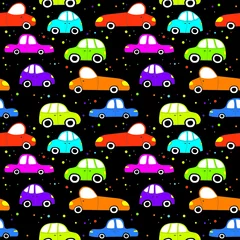 Fototapete Autorennen Colorful cute toy cars seamless pattern. Wallpaper for boys room, kids clothes, textile, fabric, print, paper, cover design vector illustration.